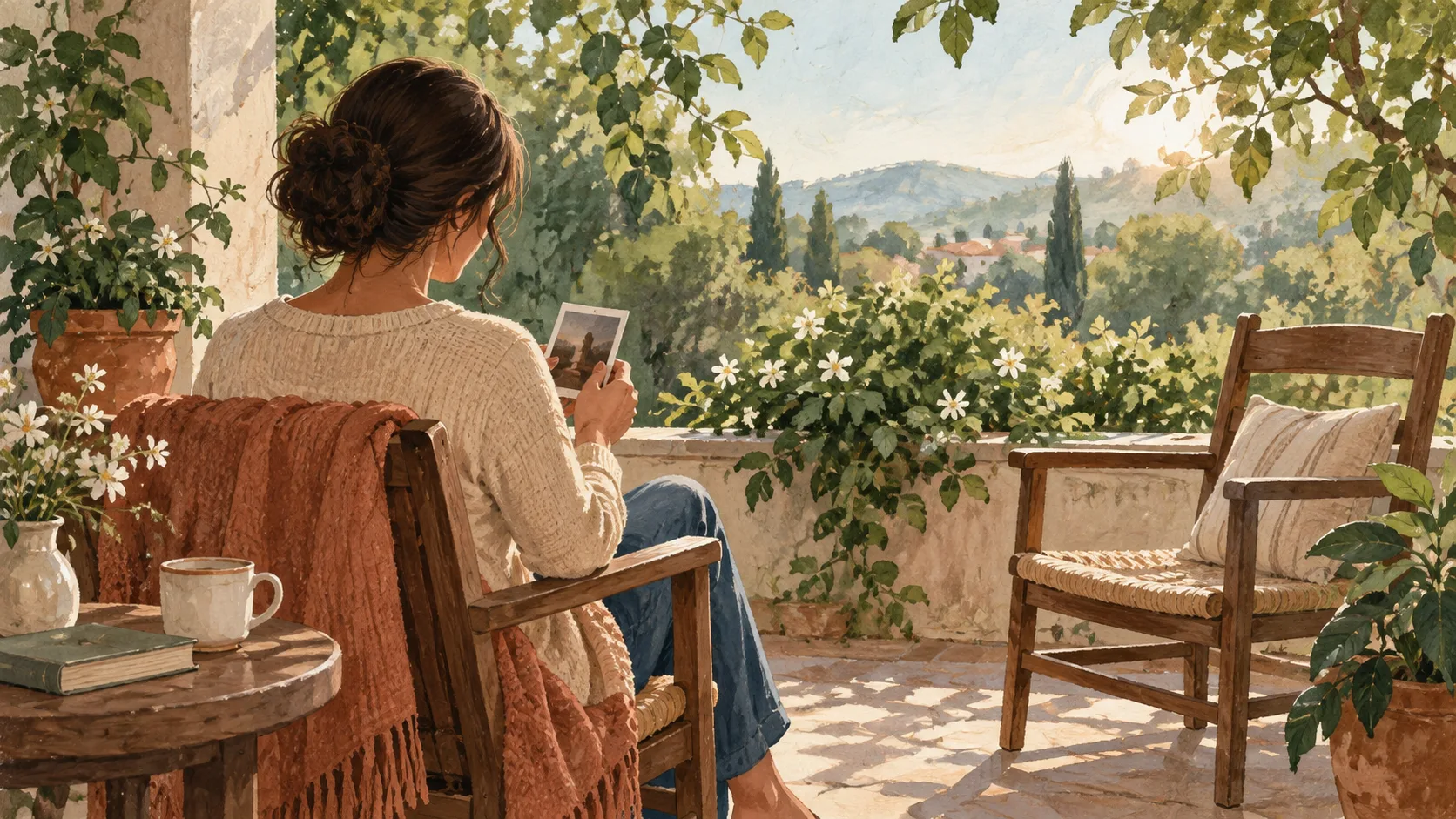 Ilustração de uma mulher segurando uma fotografia numa varanda com jardim e uma cadeira vazia ao lado.