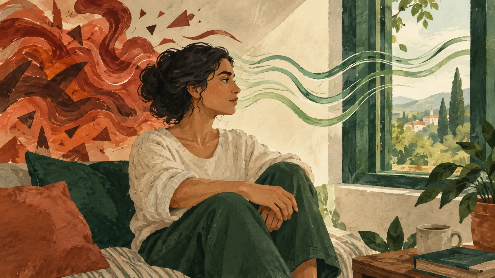 Ilustração de uma mulher em pausa junto à janela, com formas abstratas terracota e linhas verdes representando emoções.