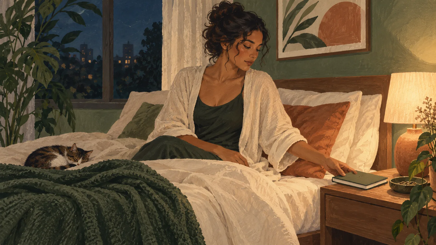 Ilustração de uma mulher colocando um caderno na mesa de cabeceira em um quarto com luz suave, plantas e um gato adormecido.