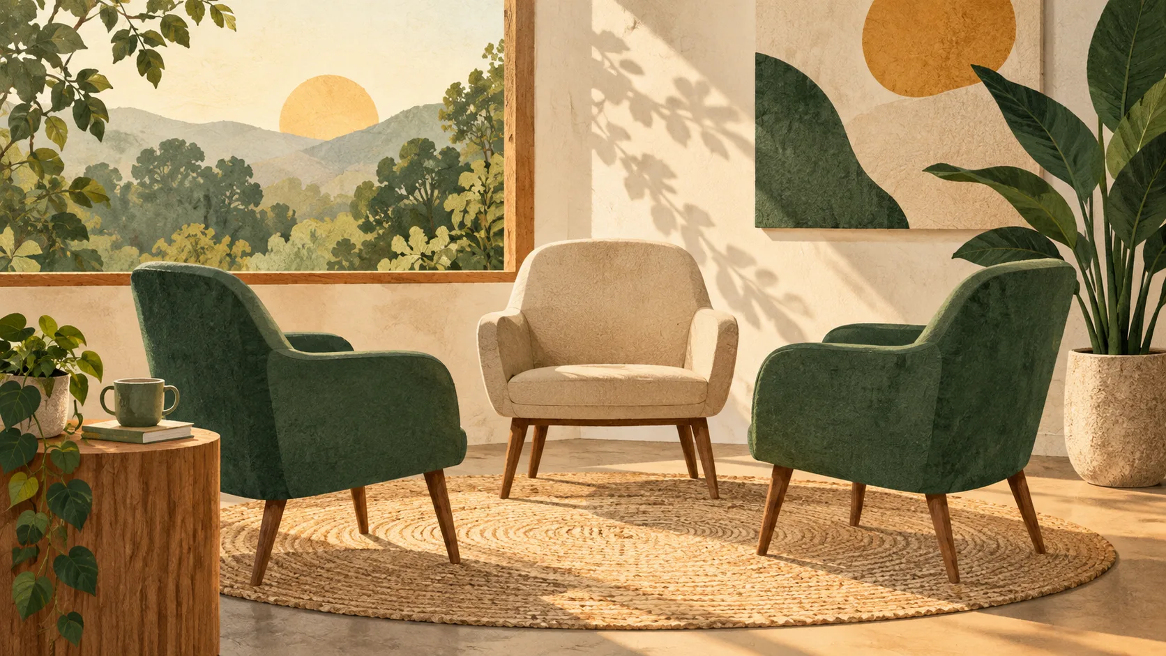 Ilustração de três poltronas organizadas em círculo em uma sala com plantas, simbolizando um espaço de diálogo.