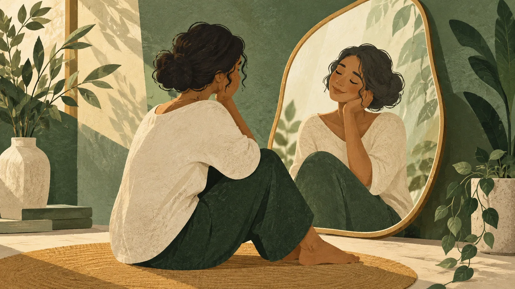 Ilustração de uma mulher diante de um espelho em um ambiente tranquilo, com formas suaves e plantas ao redor.