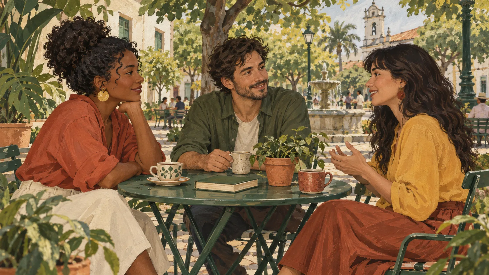 Ilustração de três pessoas adultas conversando em uma mesa ao ar livre, com xícaras e um livro, em uma praça arborizada.