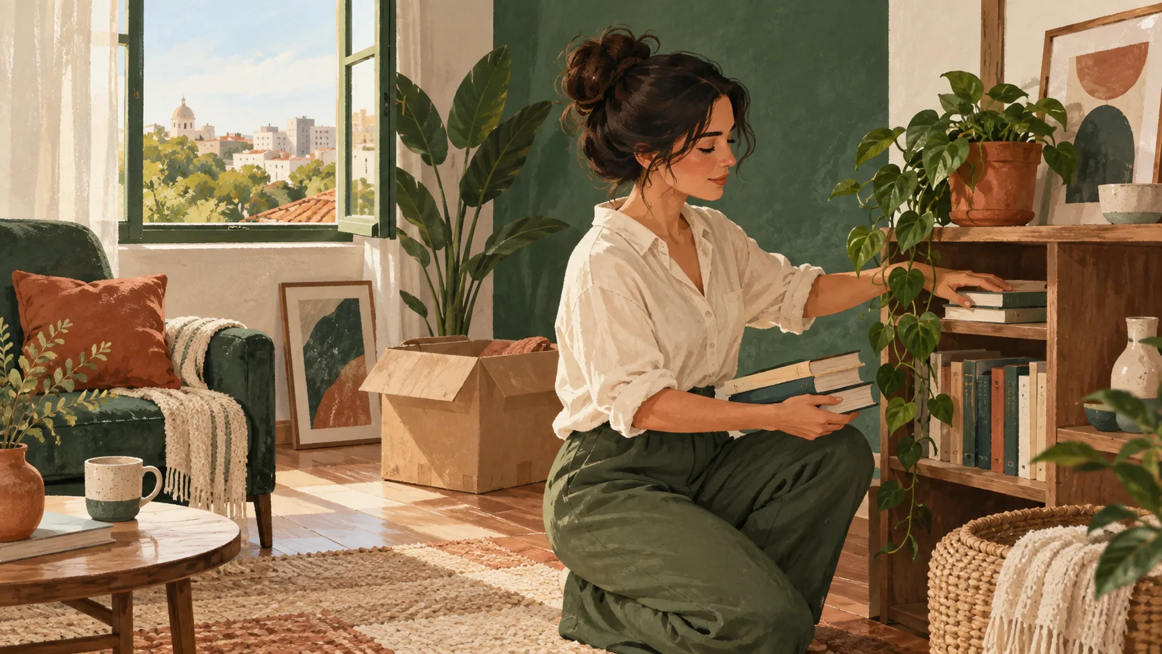 Ilustração de uma mulher organizando livros em uma casa iluminada, com caixas de mudança e uma planta junto à janela.
