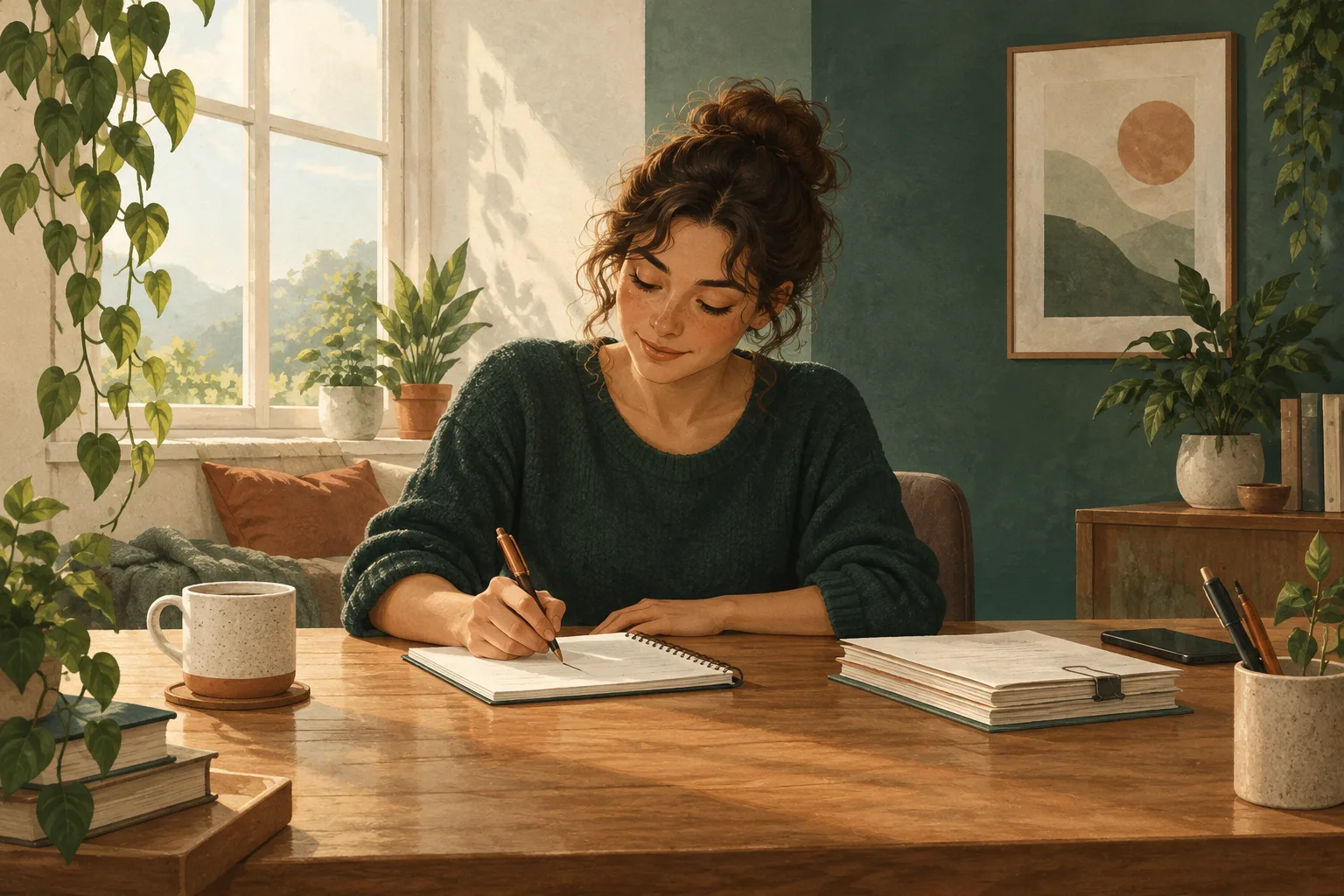 Ilustração de uma mulher começando a escrever em um caderno, com papéis organizados e celular virado para baixo sobre a mesa.