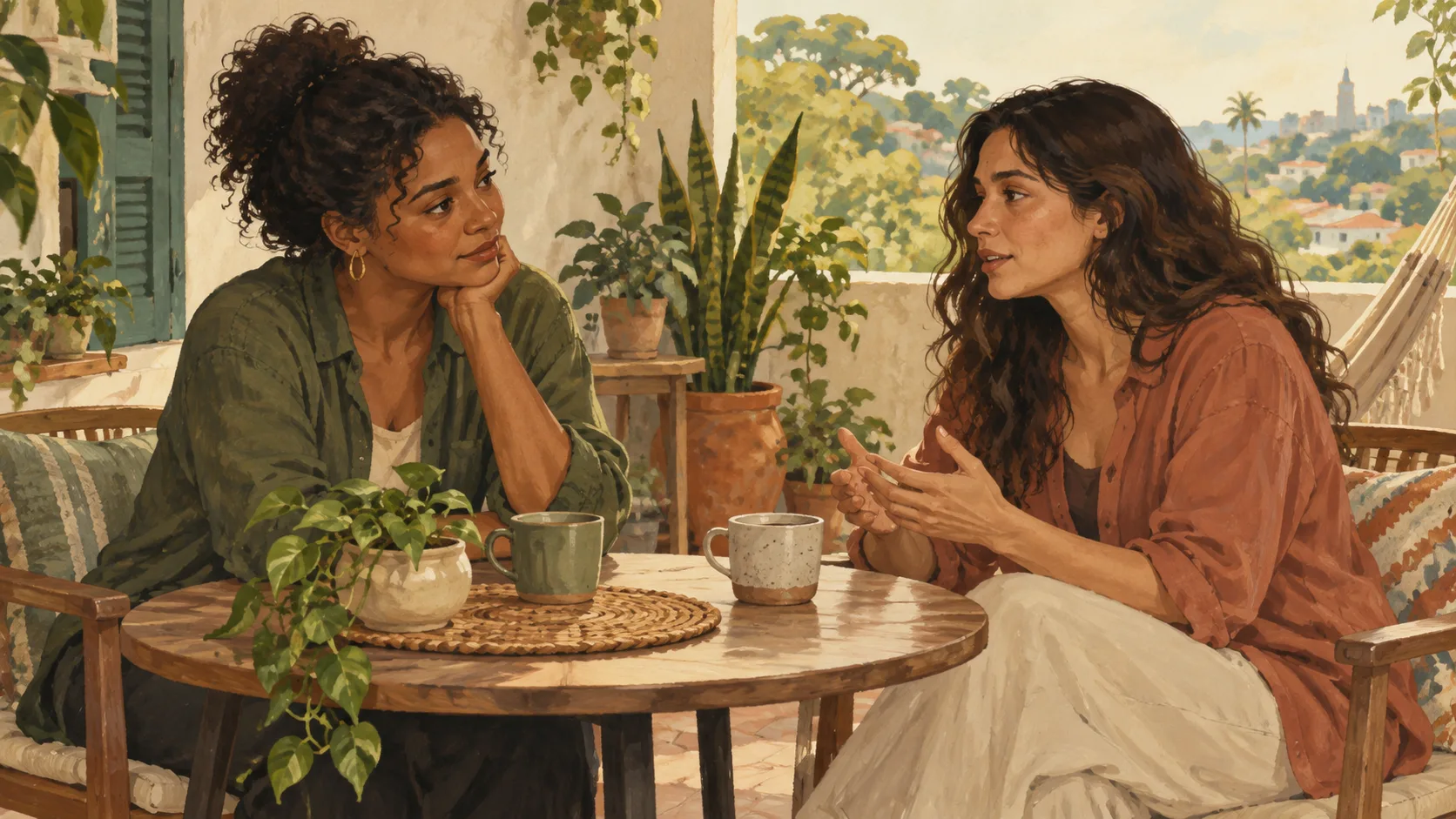 Ilustração de duas mulheres conversando em uma varanda com plantas; uma fala enquanto a outra escuta com atenção.