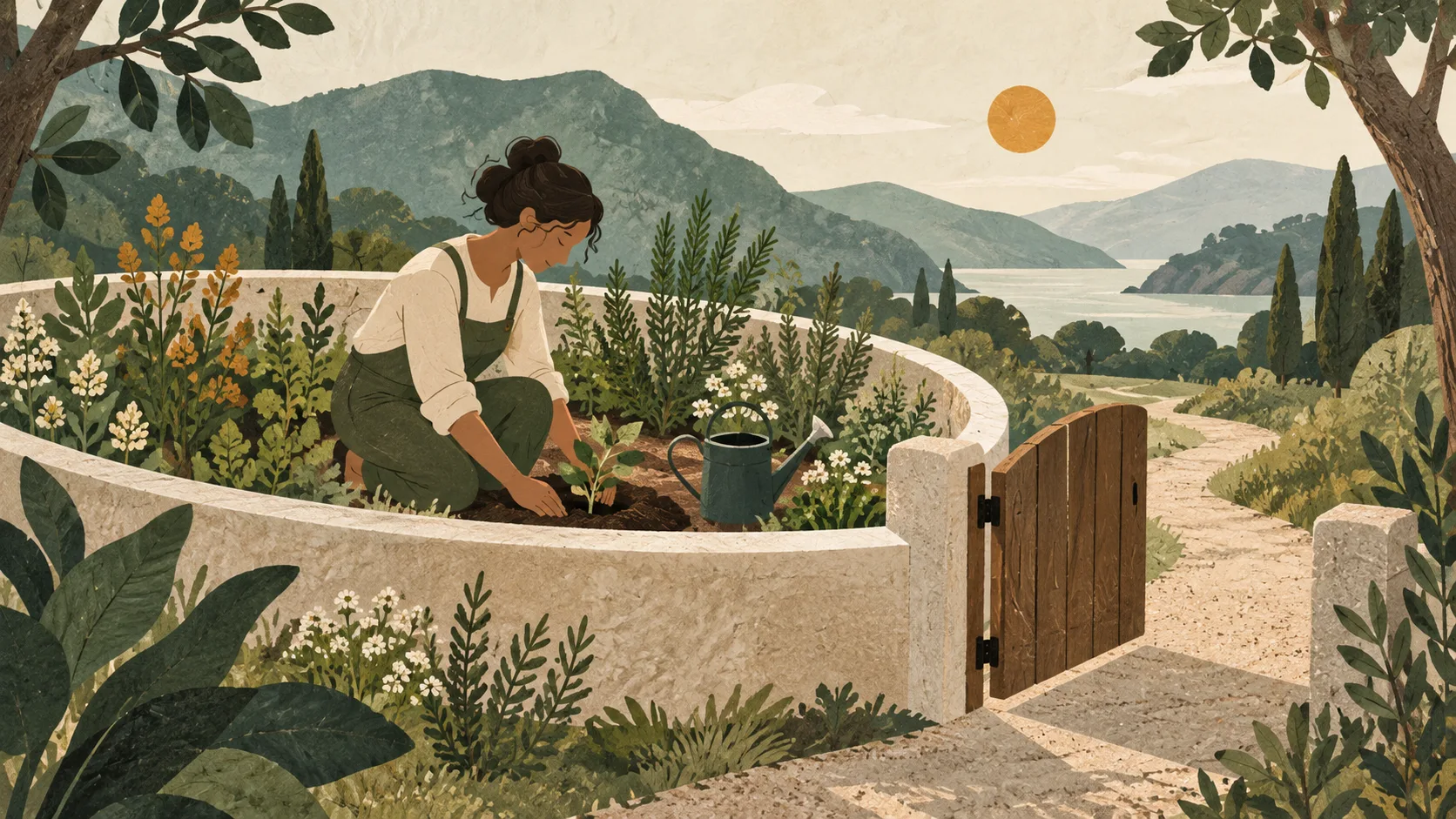 Ilustração de uma mulher cuidando de um jardim cercado por um muro baixo e um portão aberto, representando limites e acolhimento.
