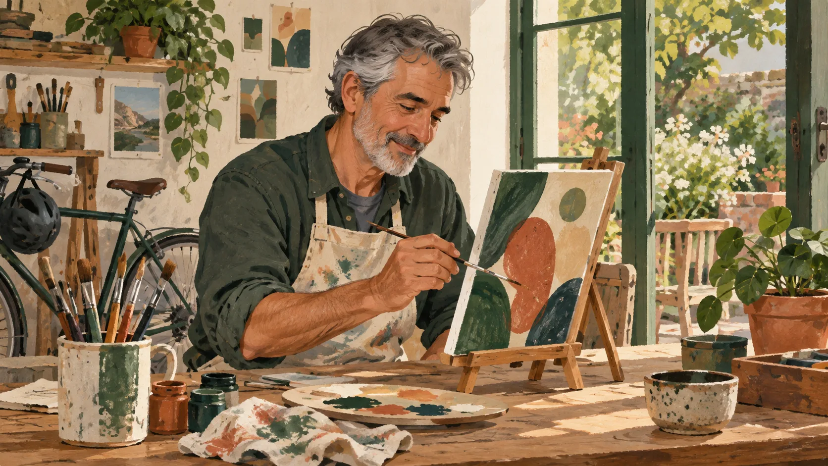 Ilustração de um homem de cabelos grisalhos pintando em uma oficina iluminada, com uma bicicleta e plantas ao fundo.