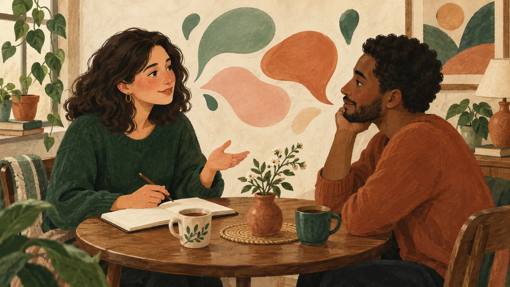 Ilustração de duas pessoas conversando à mesa com chá e um caderno, cercadas por formas suaves que evocam a expressão de sentimentos.