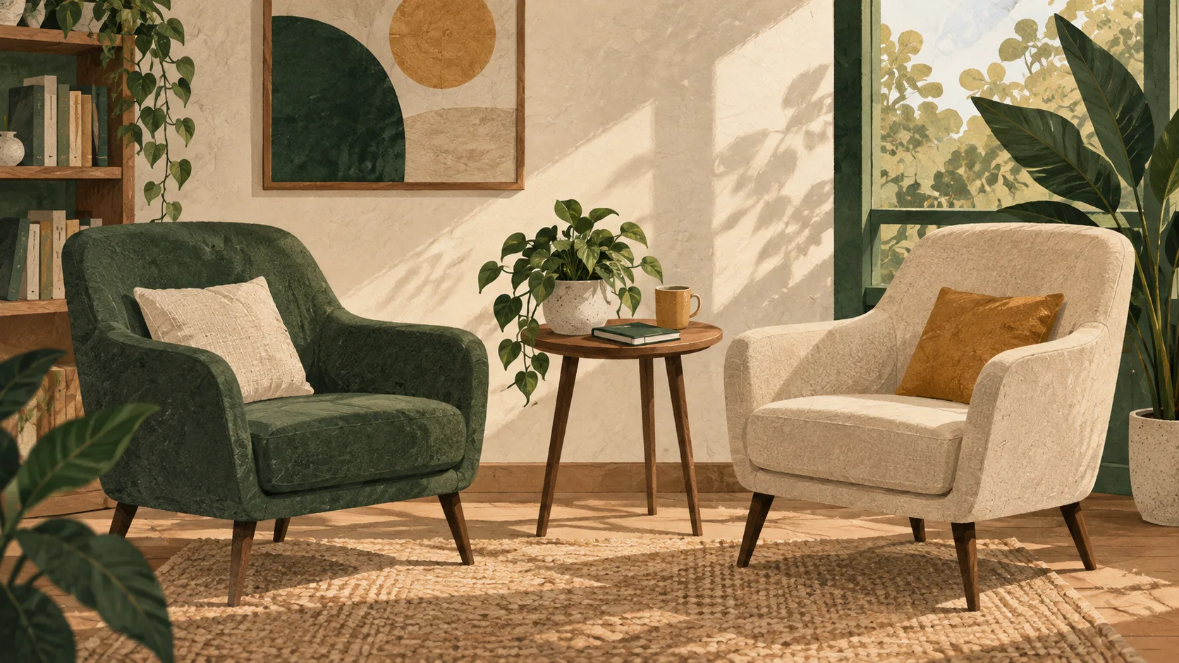 Ilustração de duas poltronas em um ambiente acolhedor, com mesa lateral e planta, representando um espaço de escuta.