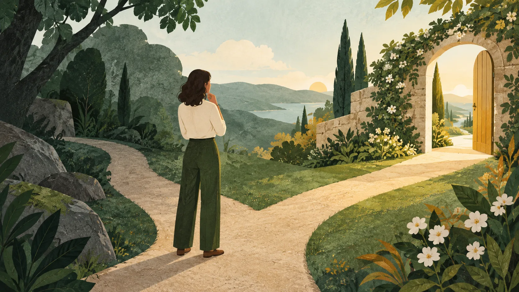 Ilustração de uma mulher diante de caminhos em um jardim e de uma porta aberta, representando possibilidades de cuidado.