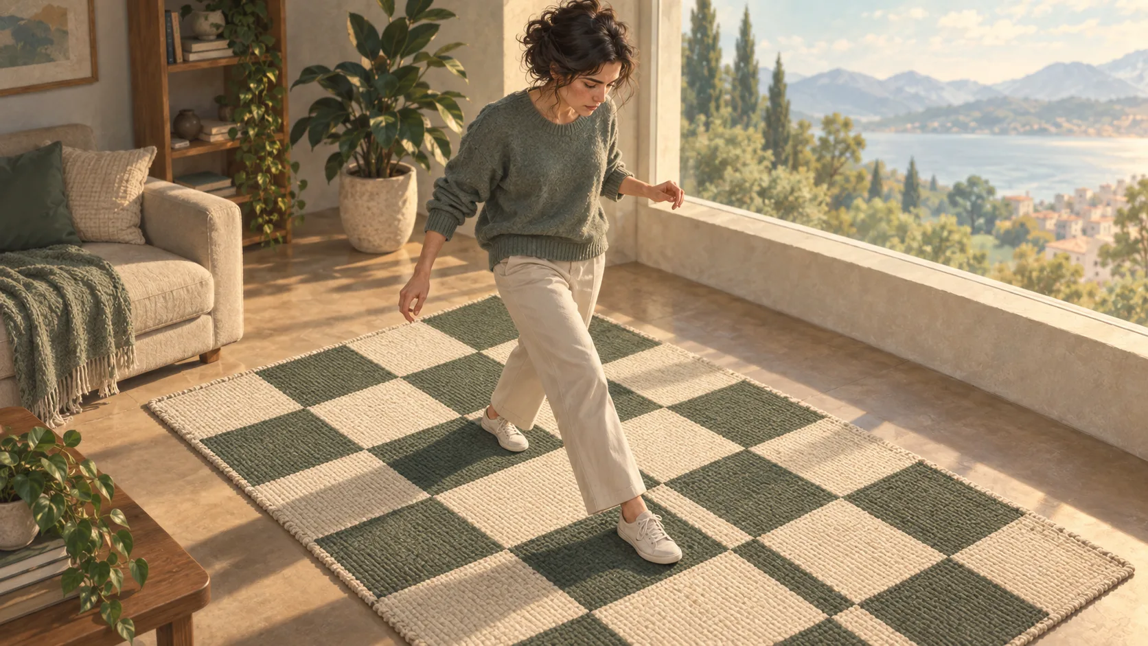 Mulher olhando para os pés enquanto caminha sobre um tapete xadrez verde e creme, pisando apenas nos quadrados verdes, em uma sala iluminada pela luz natural.