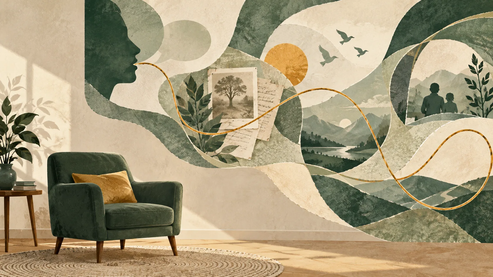 Ilustração abstrata de camadas de papel e um fio que percorre formas, com uma poltrona, representando escuta e construção de sentidos.
