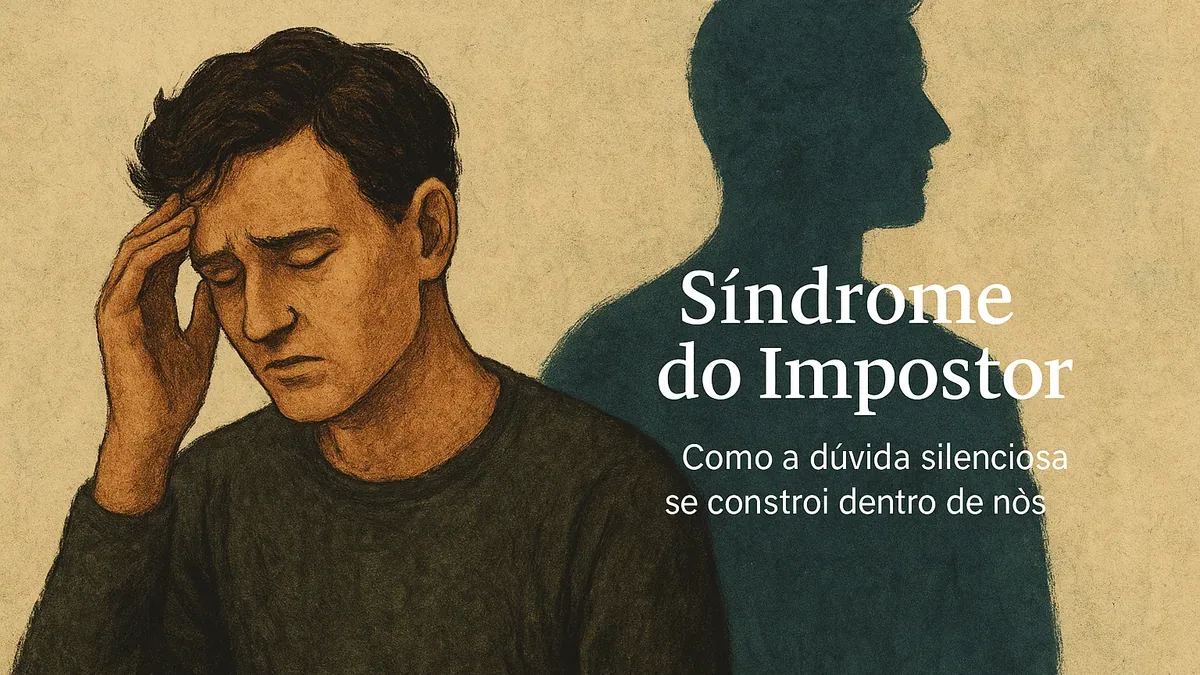 Imagem de uma pessoa com olhos fechados e mão na testa, diante de uma grande sombra. Texto: “Síndrome do Impostor - Como a dúvida silenciosa se constrói dentro de nós”.ma pessoa lamentando